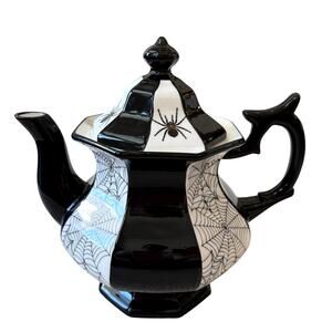 Grace Teaware Porcelain Halloween Teapot Black & White Spooky Spiders New